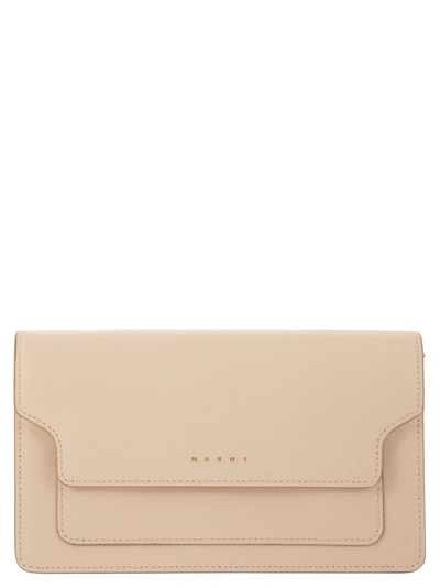 Marni Saffiano Leather Wallet With Detachable Shoulder Strap In Cream