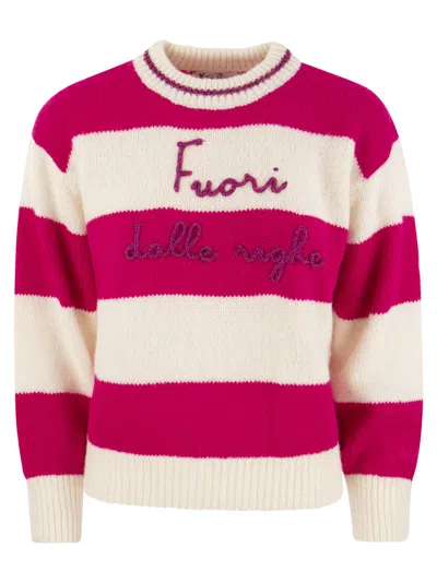 Mc2 Saint Barth Brushed Crew-neck Jumper With Lettering In White/fuchsia