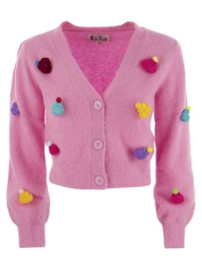 Mc2 Saint Barth Brushed Knit Crop Cardigan And Caps In Pink