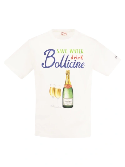 Mc2 Saint Barth Man Cotton T-shirt With Save Water, Drink Bollicine Print In White