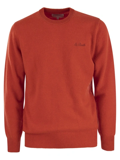 Mc2 Saint Barth Man Crewneck Orange Sweater With St. Barth Embroidery In Burnt