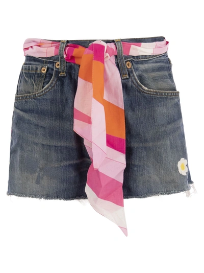 Mc2 Saint Barth Denim Shorts With Embroidery And Scarf In Multicolor