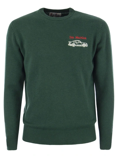 Mc2 Saint Barth Man Crewneck Sweater With Sex Machine Embroidery In Green