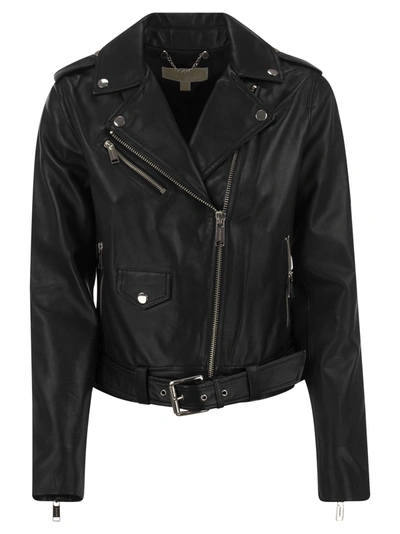 Michael Kors Leather Biker Jacket In Black