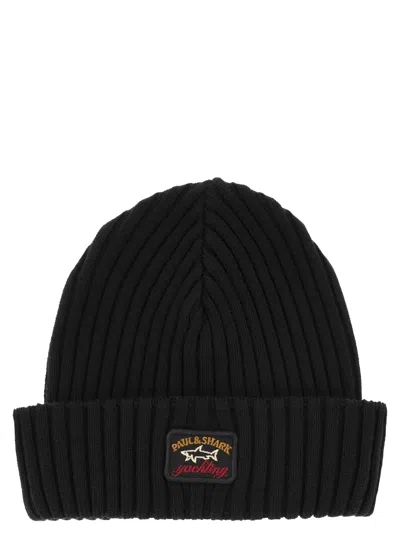 Paul & Shark Iconic Coin Badge Ribbed Wool Hat In Black