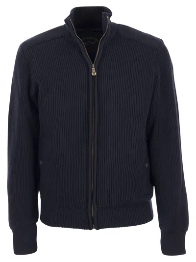 Paul & Shark Wool Cardigan With Zip And Iconic Badge In Navy