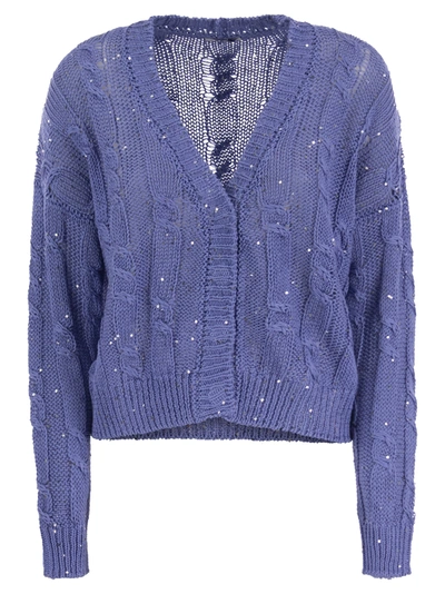 Peserico Ribbed Cardigan With Sequins In Blue