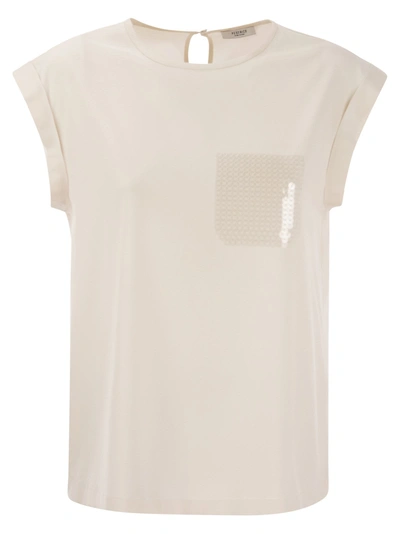 Peserico Top In Precious Silk Crepe De Chine With Watery Embroidery In Pearl