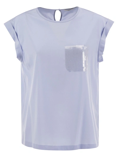 Peserico Top In Precious Silk Crepe De Chine With Watery Embroidery In Light Blue