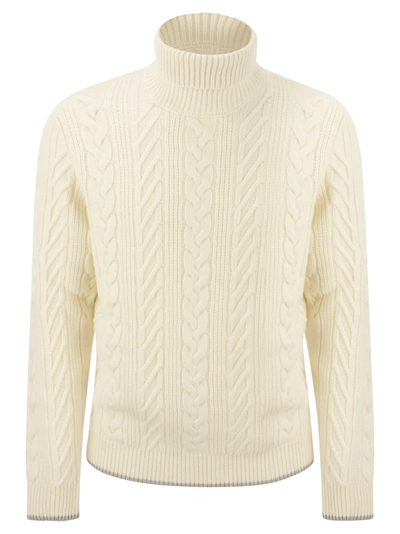 Peserico Wool And Cashmere Cable-knit Turtleneck Sweater In Beige