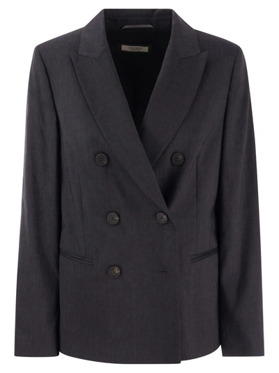 Peserico Wool And Linen Canvas Double-breasted Blazer In Dark Blue