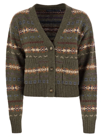 Polo Ralph Lauren Green Fair Isle-knit Wool-blend Cardigan In Grey