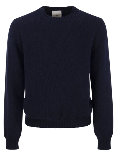 Pt Pantaloni Torino Crew Neck Pullover In Wool And Angora Blend In Blue