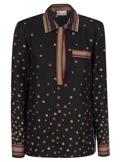 Red Valentino Printed Silk Top Flowers And Stripes In Black