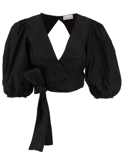 Red Valentino Black Crop Blouse With Bow And Triangle Cut-out Detail In Taffeta Woman In Nero