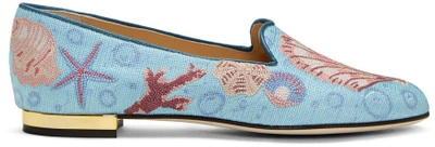 Charlotte Olympia Oceanic Embroidered Canvas Slippers In Blue
