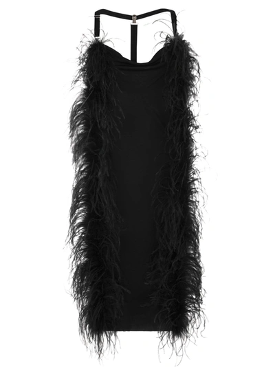 Sportmax Ussita - Shiny Jersey Dress With Feather Boa In Black