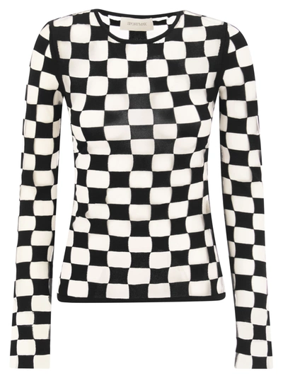 Sportmax Black Top With Extra Long Sleeves And Checkerboard Effect In Trasparent Yarn Intersias Woman In Multi