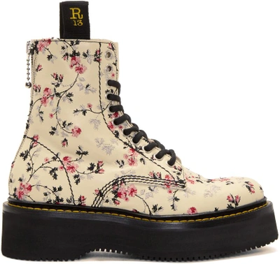 R13 Floral Embroidery Single Stack Boots In White,floral