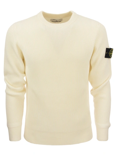 Stone Island Ribbed Sweater In Virgin Wool In Natural