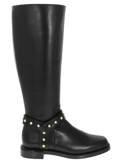Stuart Weitzman Pearl Moto - Leather Boot With Pearls In Black