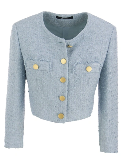 Tagliatore No-lapels Cropped Tweed Jacket In Blue