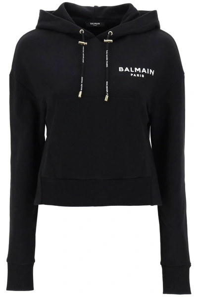 BALMAIN BALMAIN CROPPED SWEATSHIRT WITH FLOCKED LOGO PRINT WOMEN