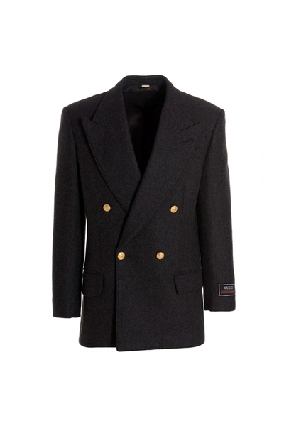 Gucci Men Cashmere Wool Double Breast Blazer Jacket In Black