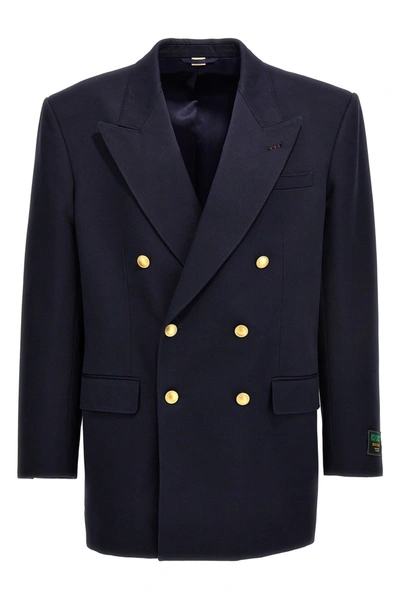 Gucci Men Gabardine Double Breast Blazer Jacket In Blue