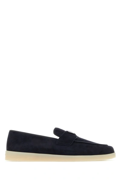 Prada Almond Toe Suede Loafers With Rubber Sole In Blue