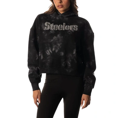 THE WILD COLLECTIVE THE WILD COLLECTIVE  BLACK PITTSBURGH STEELERS TIE-DYE CROPPED PULLOVER HOODIE