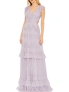 Mac Duggal Sequined Ruffled Cap Sleeve Cut Out Tiered Gown In Blue