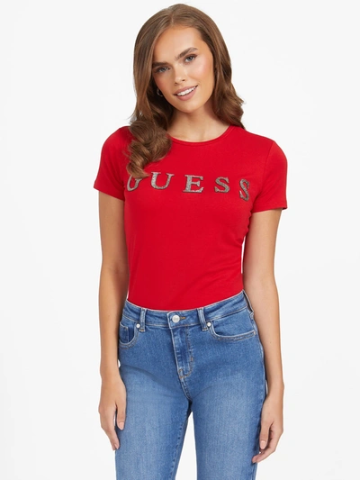 Guess Factory Pepper Rhinestone Logo Tee In Red