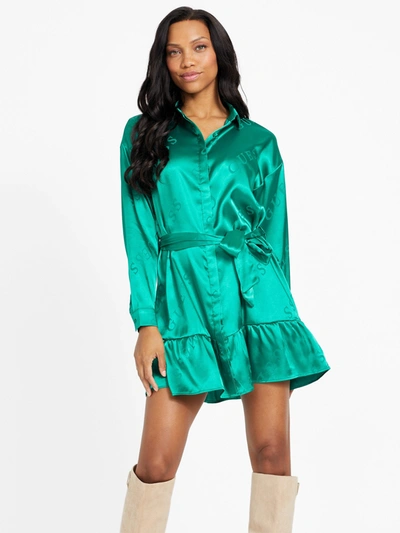 Guess Factory Gladys Logo Satin Dress In Green