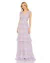 Mac Duggal Sequined Ruffled Cap Sleeve Cut Out Tiered Gown In Blue