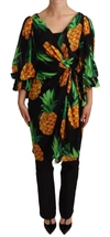 Dolce & Gabbana Black Ananas Print Wrap Stretch Silk Dress In Black