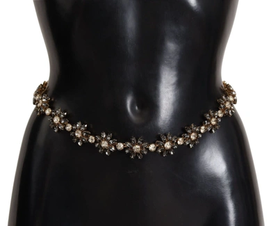 Dolce & Gabbana Elegant Crystal Daisy Chain Leather Women's Belt In Black