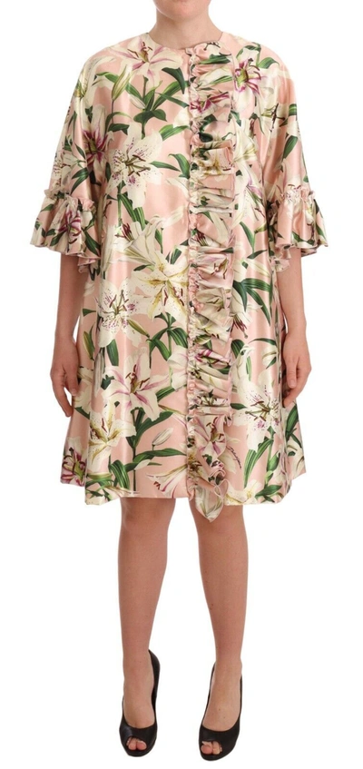 Dolce & Gabbana Pink Lily Print Ruffled Long Coat Silk Dress In Multicolor