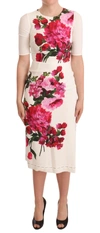 Dolce & Gabbana White Floral Printed Crepe Midi Slit Dress In White