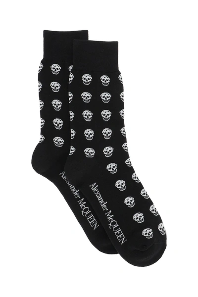 Alexander Mcqueen Man Black Socks With White All-over Skull