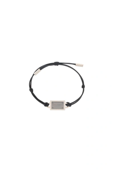 Dolce & Gabbana Logo-plaque Cord Bracelet In Black Gold