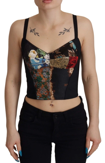 Dolce & Gabbana Black Patchwork Sicily Blouse Corset Cropped Top In Multicolor