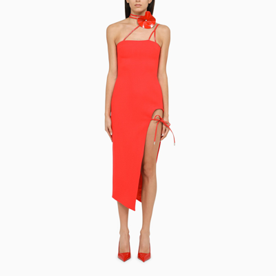 DAVID KOMA DAVID KOMA RED MIDI DRESS WITH FLOWER