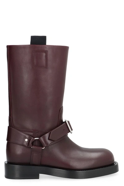 Burberry Saddle Buckled Leather Boots In Aubergine