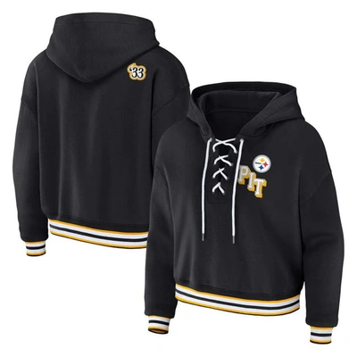 WEAR BY ERIN ANDREWS WEAR BY ERIN ANDREWS BLACK PITTSBURGH STEELERS PLUS SIZE LACE-UP PULLOVER HOODIE