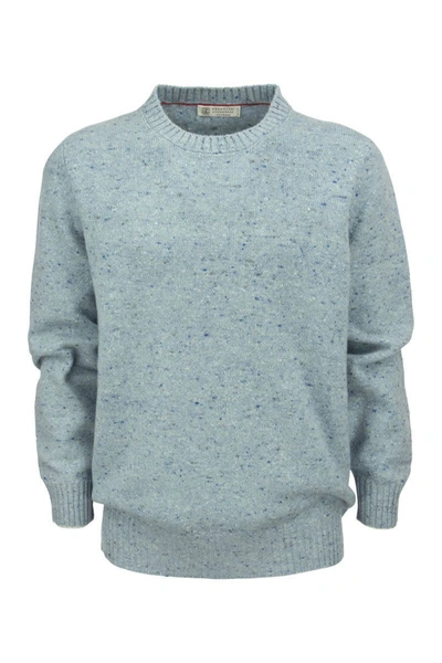 Brunello Cucinelli Crew-neck Sweater In Wool And Cashmere Mix In Blue