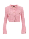 Gcds Button-up Cropped Tweed Jacket In Pink