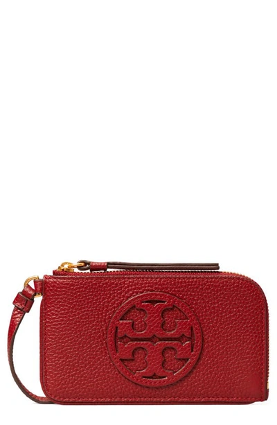 Tory Burch Miller Top Zip Leather Card Case In Brick