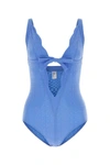 Lisa Marie Fernandez Scallop Bow Swimsuit In Stretch Seersucker In Blue