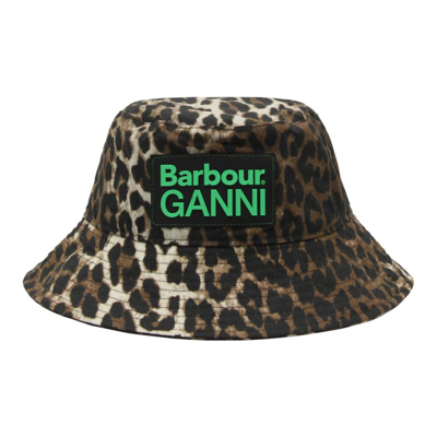 Barbour Brown Bucket Hat With Double Logo Patch And Leopard Print In Waxed Cotton Woman